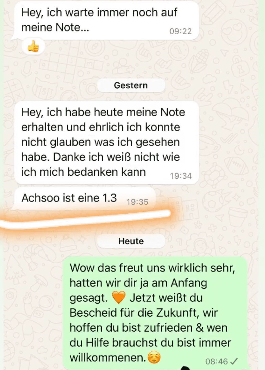 WhatsApp-Nachricht einer Studentin oder eines Studenten mit Note 1,3