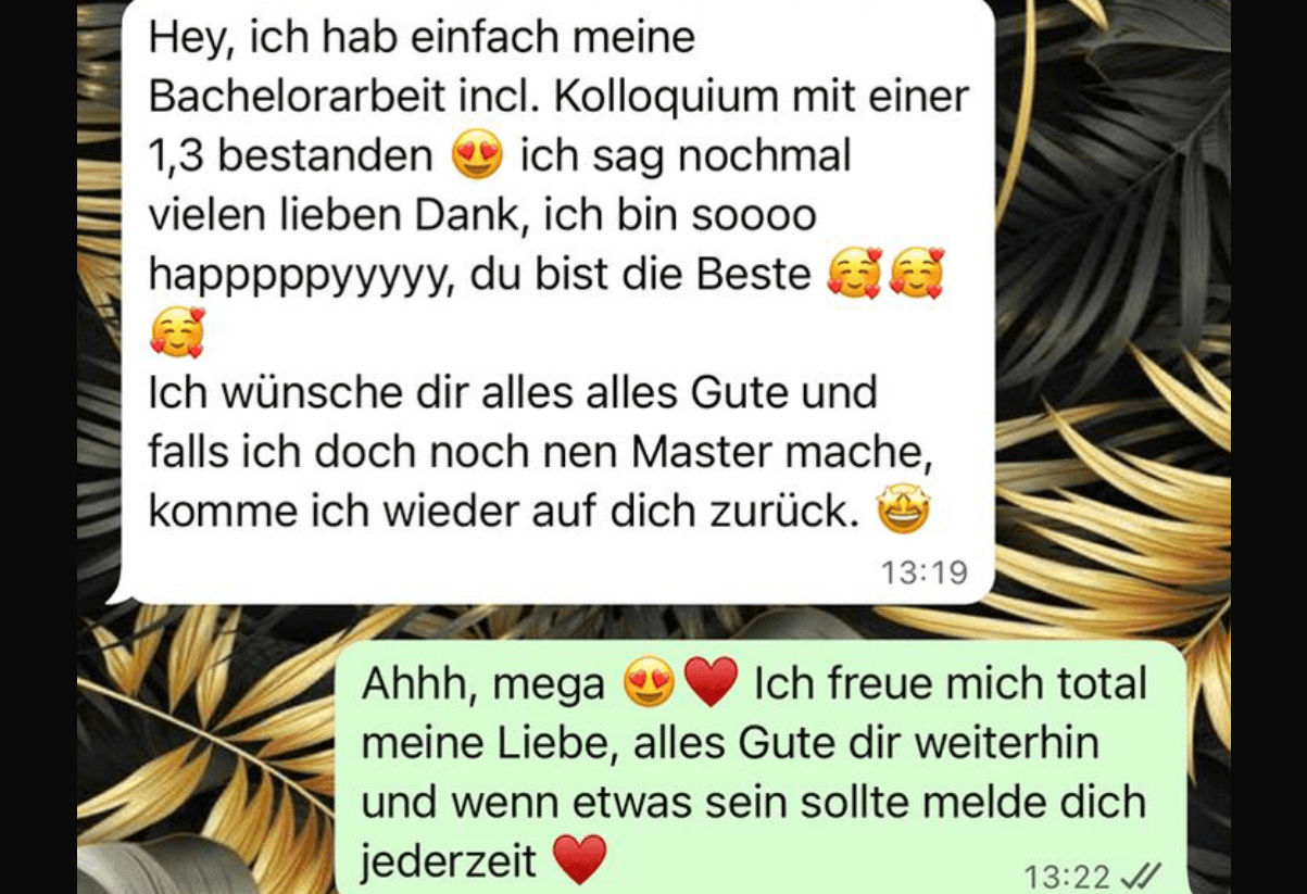 WhatsApp-Nachricht einer Studentin oder eines Studenten mit Note 1,3