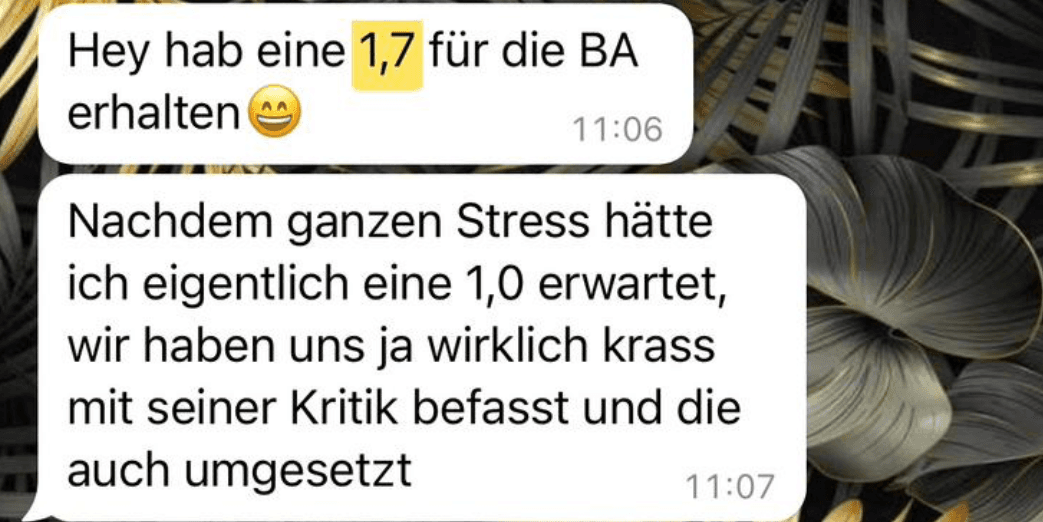 WhatsApp-Nachricht einer Studentin oder eines Studenten mit Note 1,7